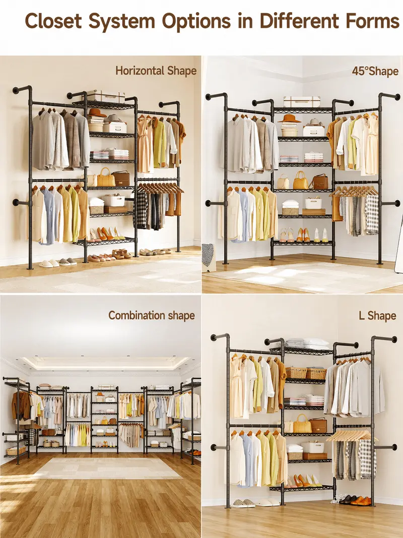 Expandable Wall Mounted Closet Organizer with Industrial Pipe Clothing Rack – Heavy Duty Garment Storage System