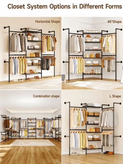 Expandable Wall Mounted Closet Organizer with Industrial Pipe Clothing Rack – Heavy Duty Garment Storage System