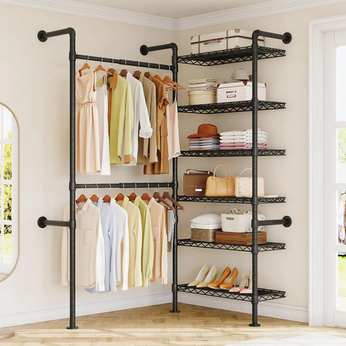 Expandable Wall Mounted Closet Organizer with Industrial Pipe Clothing Rack – Heavy Duty Garment Storage System