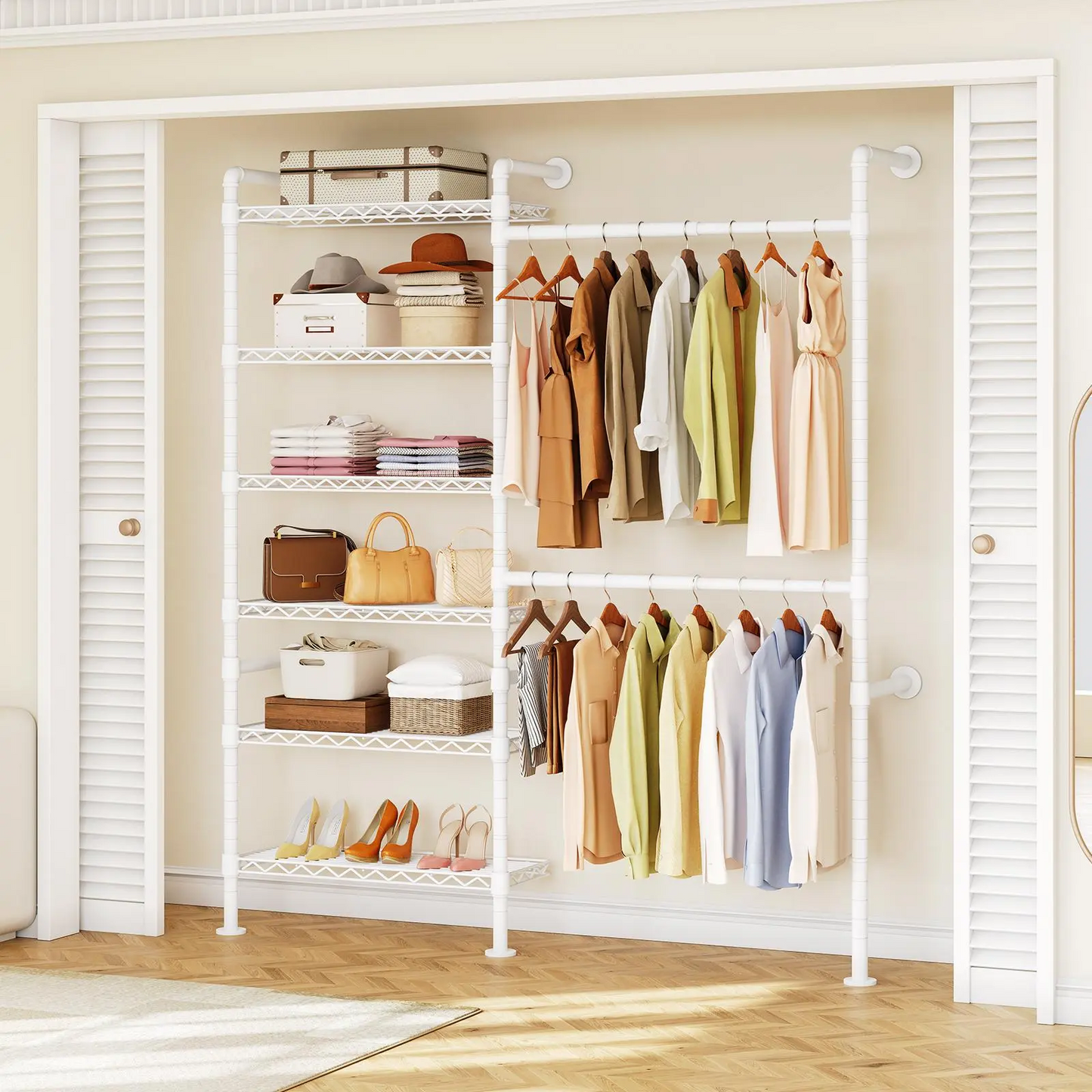 Expandable Wall Mounted Closet Organizer with Industrial Pipe Clothing Rack – Heavy Duty Garment Storage System