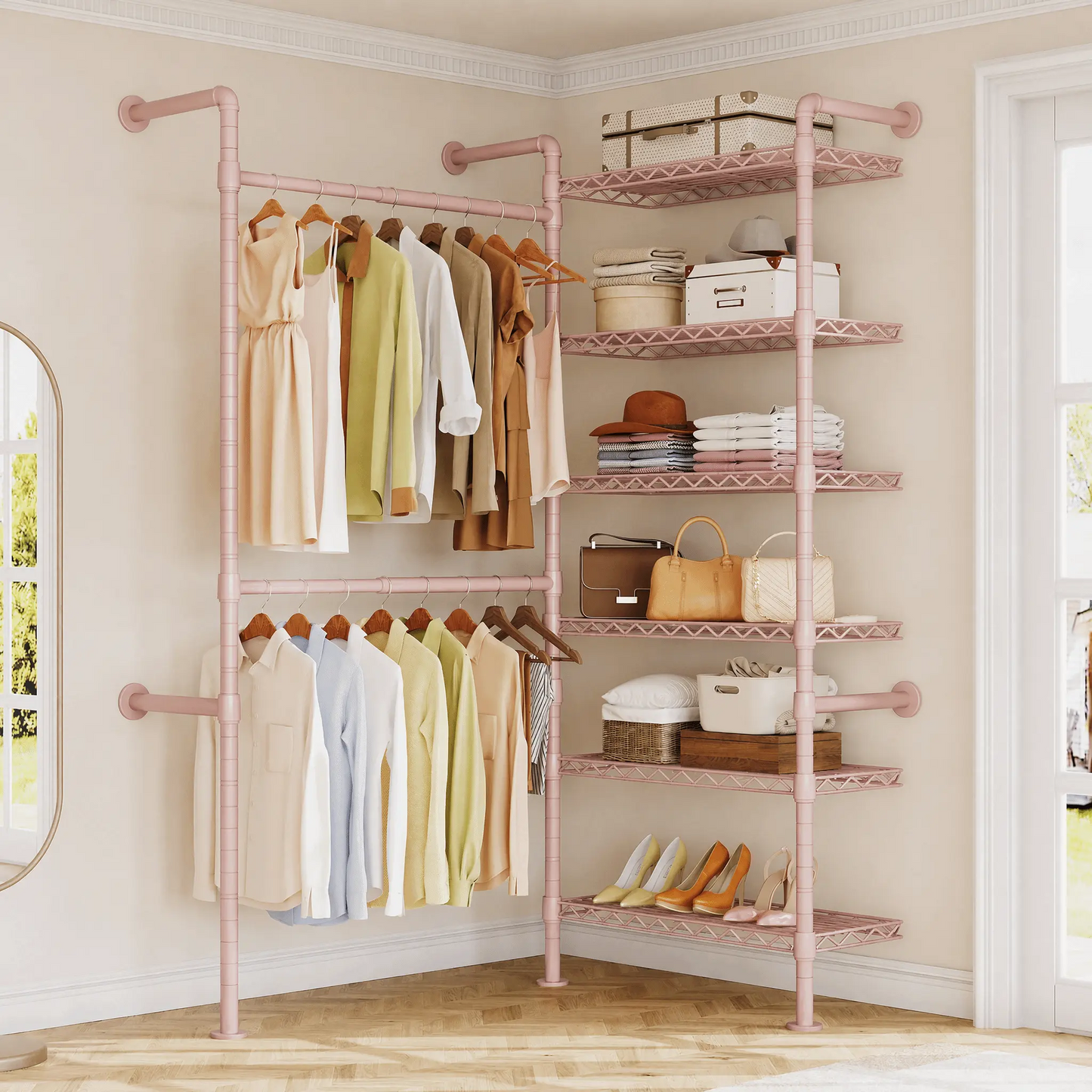Expandable Wall Mounted Closet Organizer with Industrial Pipe Clothing Rack – Heavy Duty Garment Storage System
