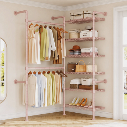 Expandable Wall Mounted Closet Organizer with Industrial Pipe Clothing Rack – Heavy Duty Garment Storage System