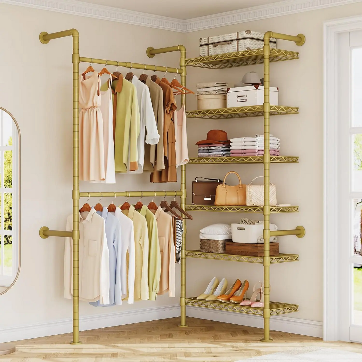 Expandable Wall Mounted Closet Organizer with Industrial Pipe Clothing Rack – Heavy Duty Garment Storage System