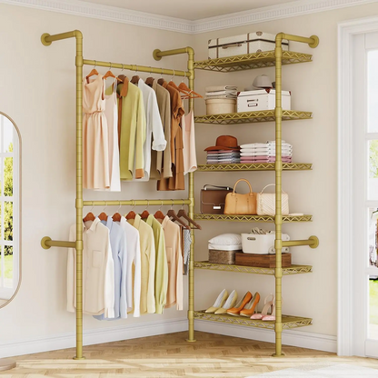 Expandable Wall Mounted Closet Organizer with Industrial Pipe Clothing Rack – Heavy Duty Garment Storage System