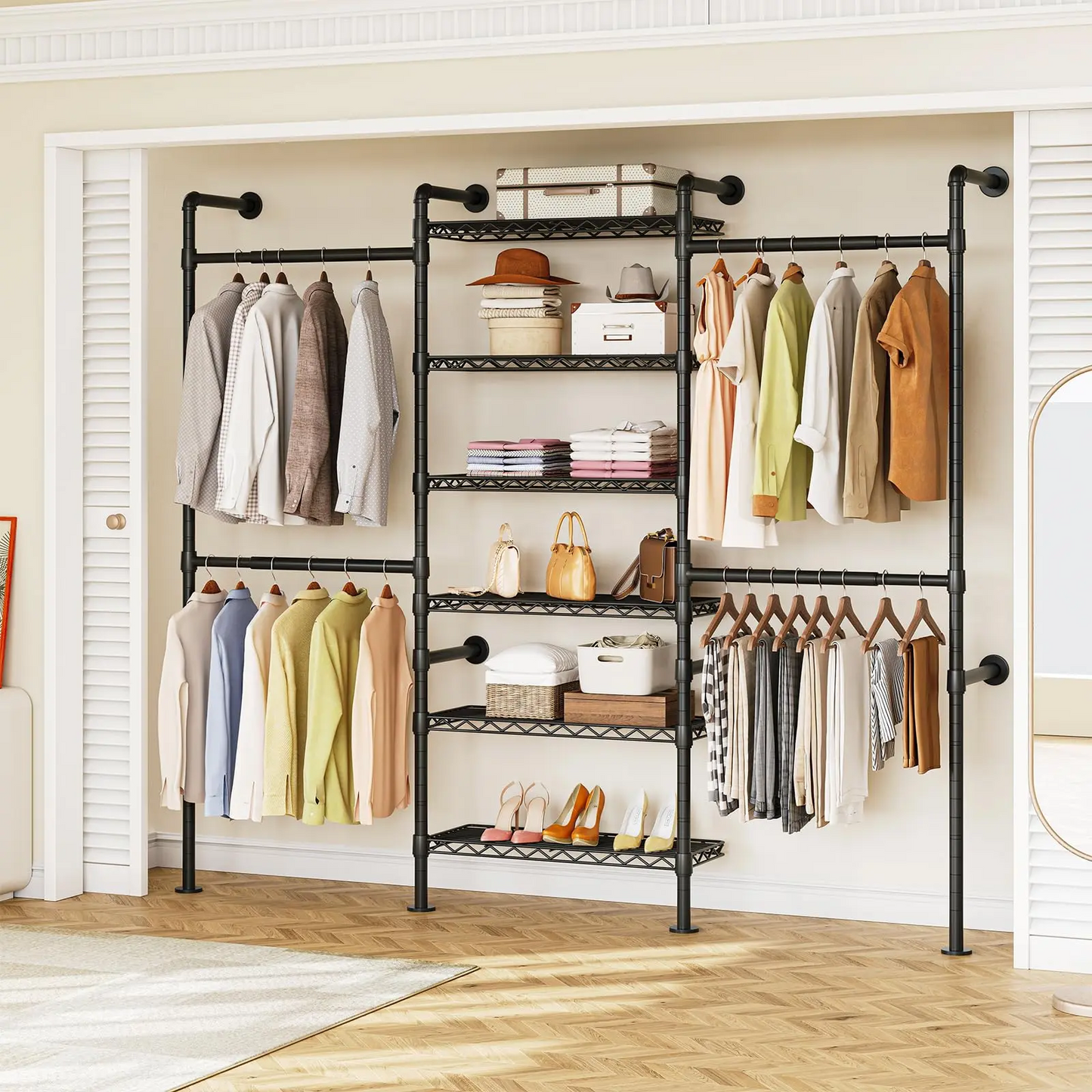 Expandable Wall Mounted Closet Organizer with Industrial Pipe Clothing Rack – Heavy Duty Garment Storage System