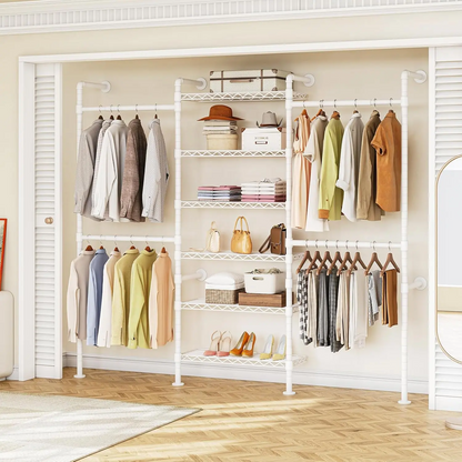 Expandable Wall Mounted Closet Organizer with Industrial Pipe Clothing Rack – Heavy Duty Garment Storage System