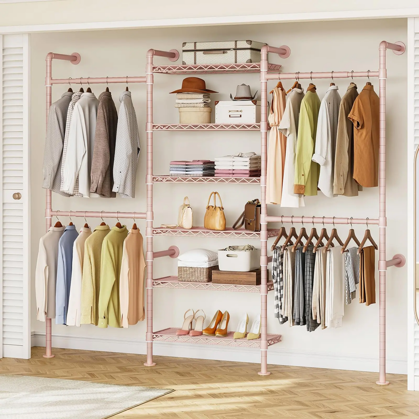 Expandable Wall Mounted Closet Organizer with Industrial Pipe Clothing Rack – Heavy Duty Garment Storage System