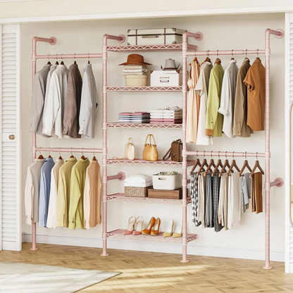 Expandable Wall Mounted Closet Organizer with Industrial Pipe Clothing Rack – Heavy Duty Garment Storage System