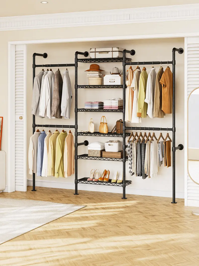 Expandable Wall Mounted Closet Organizer with Industrial Pipe Clothing Rack – Heavy Duty Garment Storage System