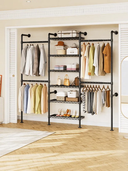 Expandable Wall Mounted Closet Organizer with Industrial Pipe Clothing Rack – Heavy Duty Garment Storage System