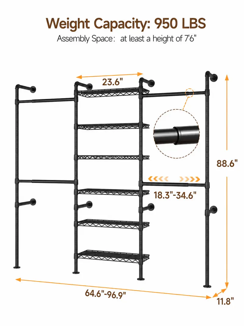 Expandable Wall Mounted Closet Organizer with Industrial Pipe Clothing Rack – Heavy Duty Garment Storage System
