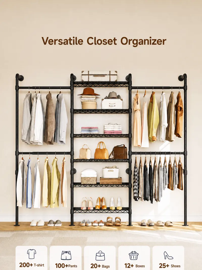 Expandable Wall Mounted Closet Organizer with Industrial Pipe Clothing Rack – Heavy Duty Garment Storage System