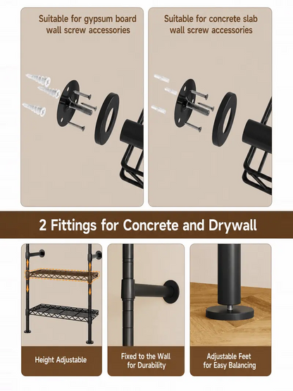 Expandable Wall Mounted Closet Organizer with Industrial Pipe Clothing Rack – Heavy Duty Garment Storage System