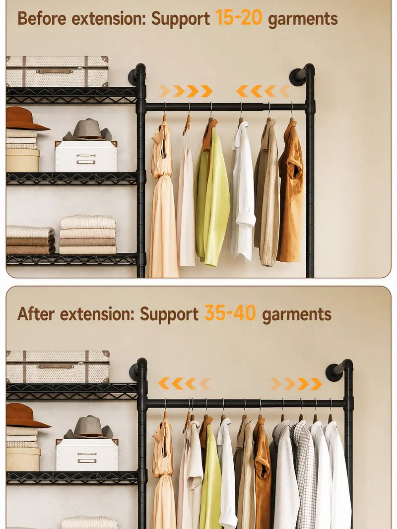 Expandable Wall Mounted Closet Organizer with Industrial Pipe Clothing Rack – Heavy Duty Garment Storage System