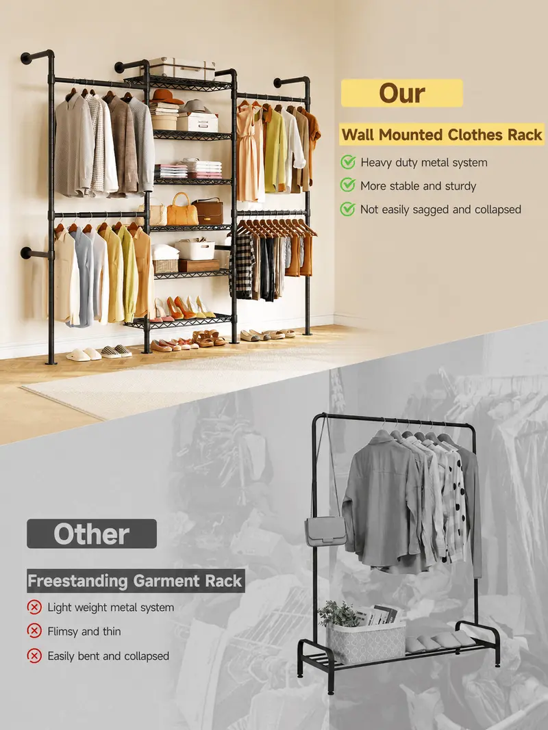 Expandable Wall Mounted Closet Organizer with Industrial Pipe Clothing Rack – Heavy Duty Garment Storage System